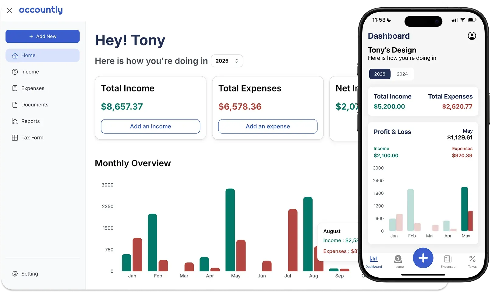 Accountly app dashboard showing expense tracking and financial overview