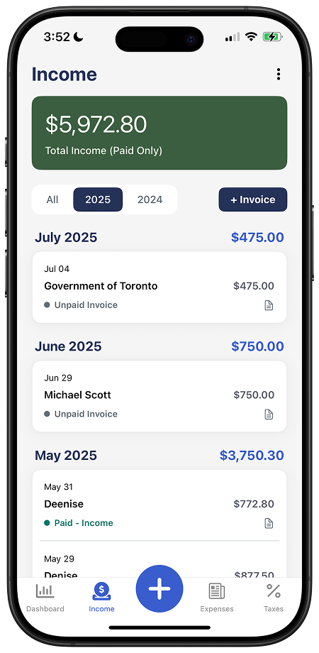 Income tracking screen in Accountly