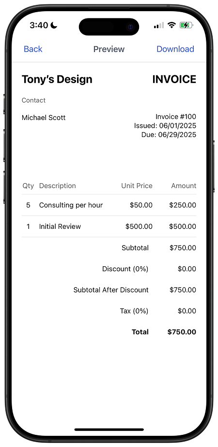 Invoice preview on iPhone