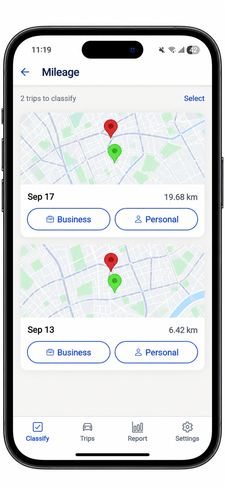 Mileage trips ready to classify in Accountly