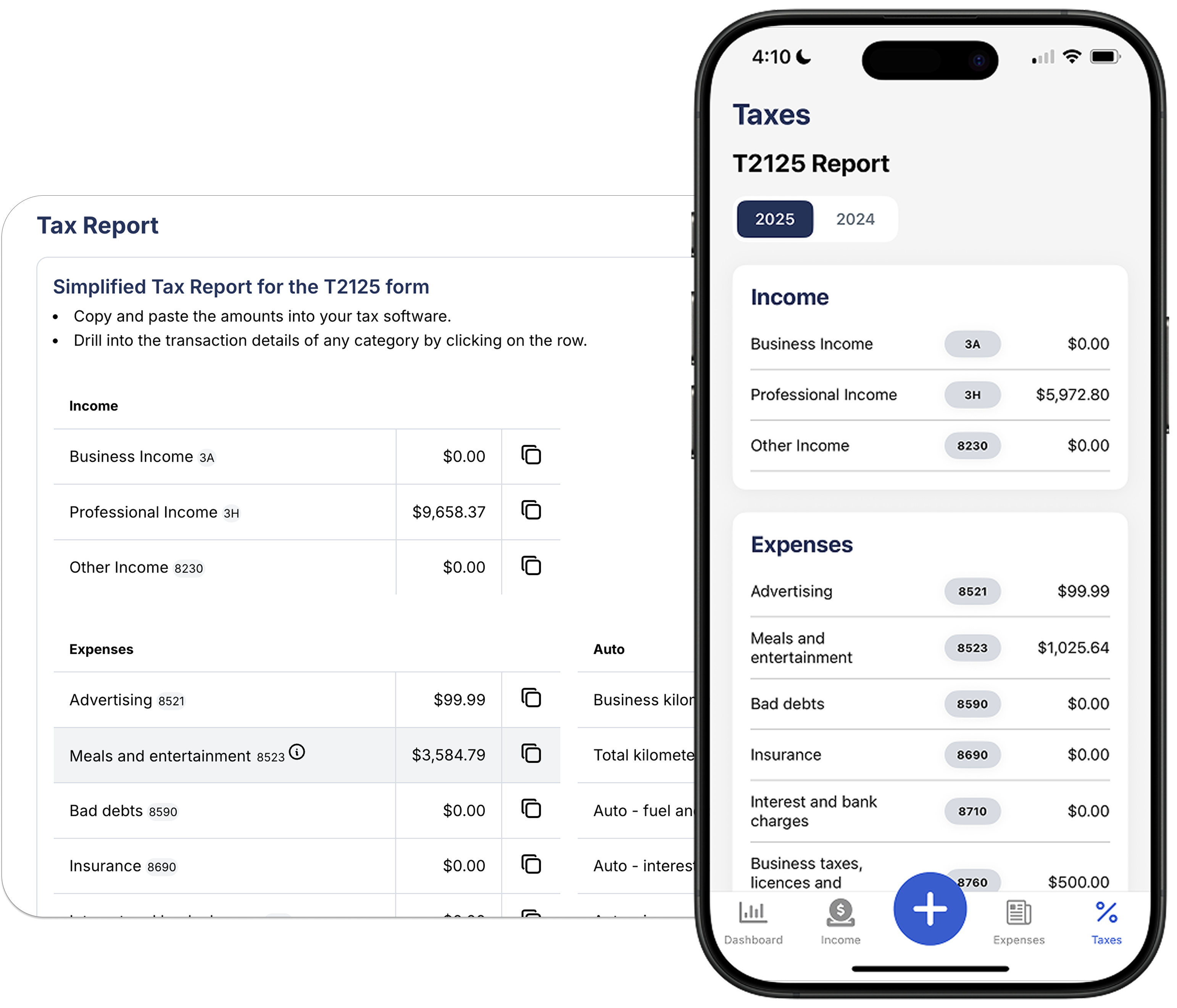 T2125 tax report on desktop and mobile in Accountly